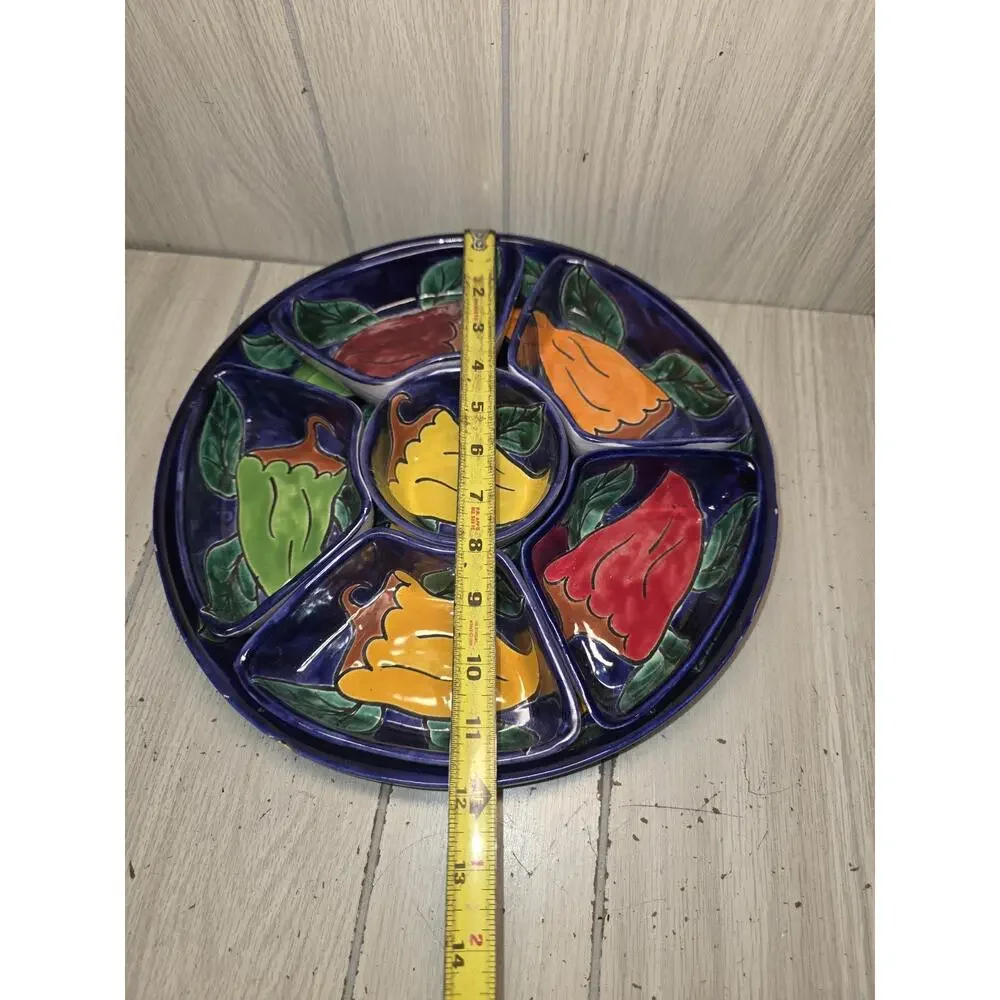 Vtg Pottery Talavera Mexico Chip & Dip Platter/Tray 6 Dividers Colorful Floral